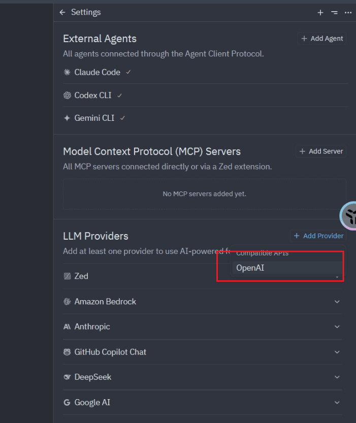 Add Provider 的 Compatible APIs 下拉框展开，当前选中 OpenAI