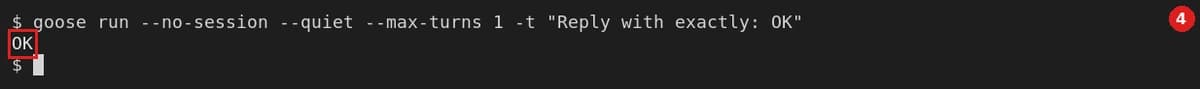 验证：关掉终端、新开一个，运行 goose run --no-session --quiet --max-turns 1 -t "Reply with exactly: OK"，回复 OK 即配置好