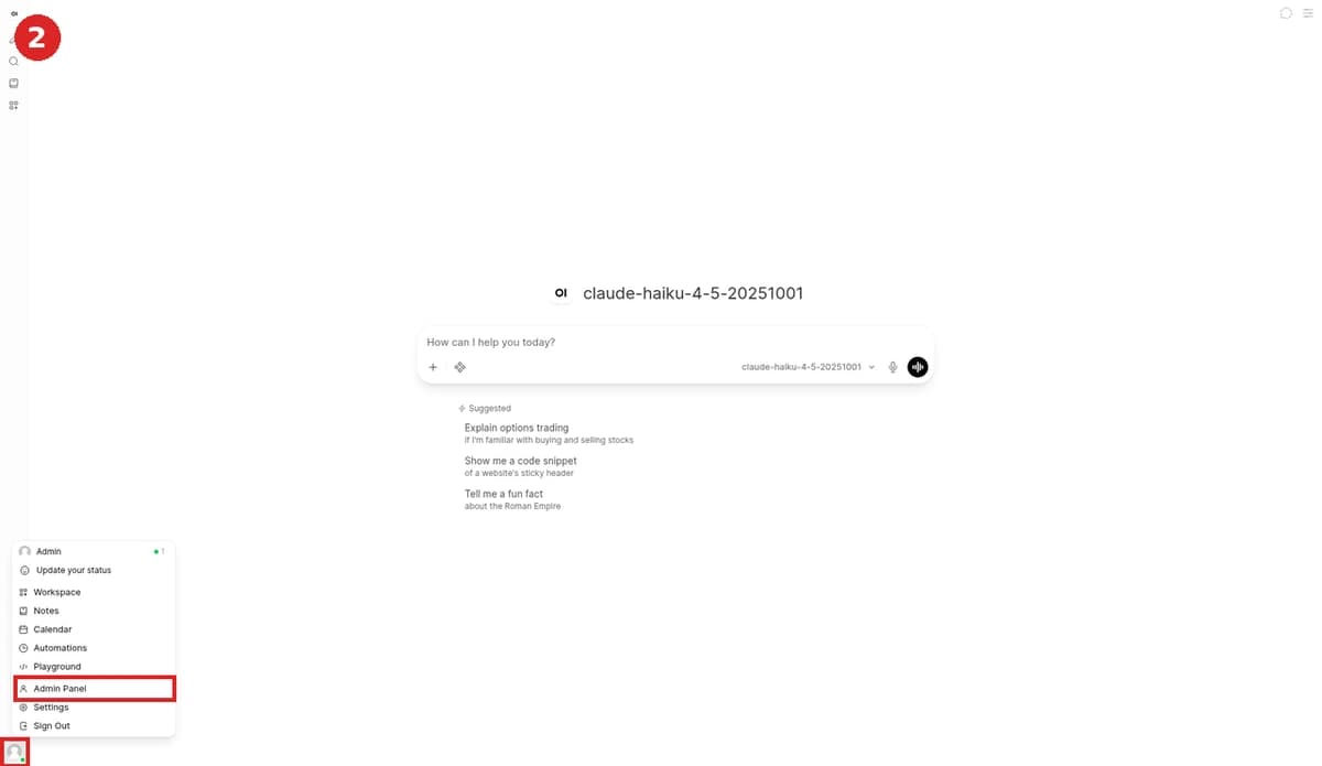 打开 Open WebUI 首页，点击左下角头像，菜单中的 Admin Panel 即管理后台入口（红框）
