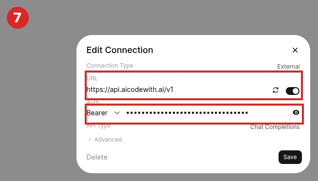 点击连接旁的齿轮打开 Edit Connection：URL 填 https://api.aicodewith.ai/v1，下方为已用圆点遮盖的 API Key（Bearer）